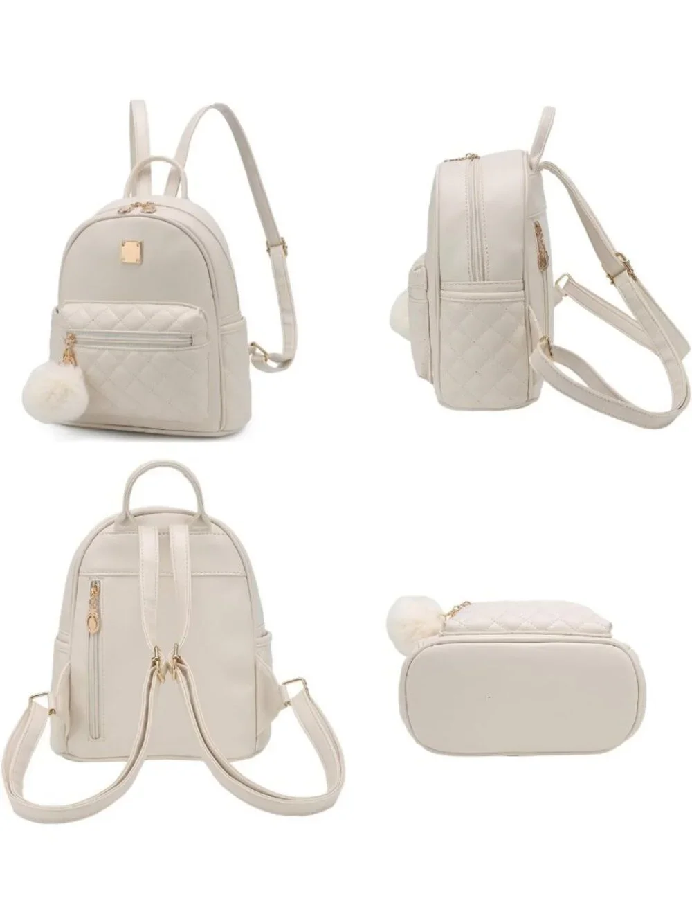 Cute Mini Backpack Purse for Girls - Small Plaid Leather Bag in Ivory